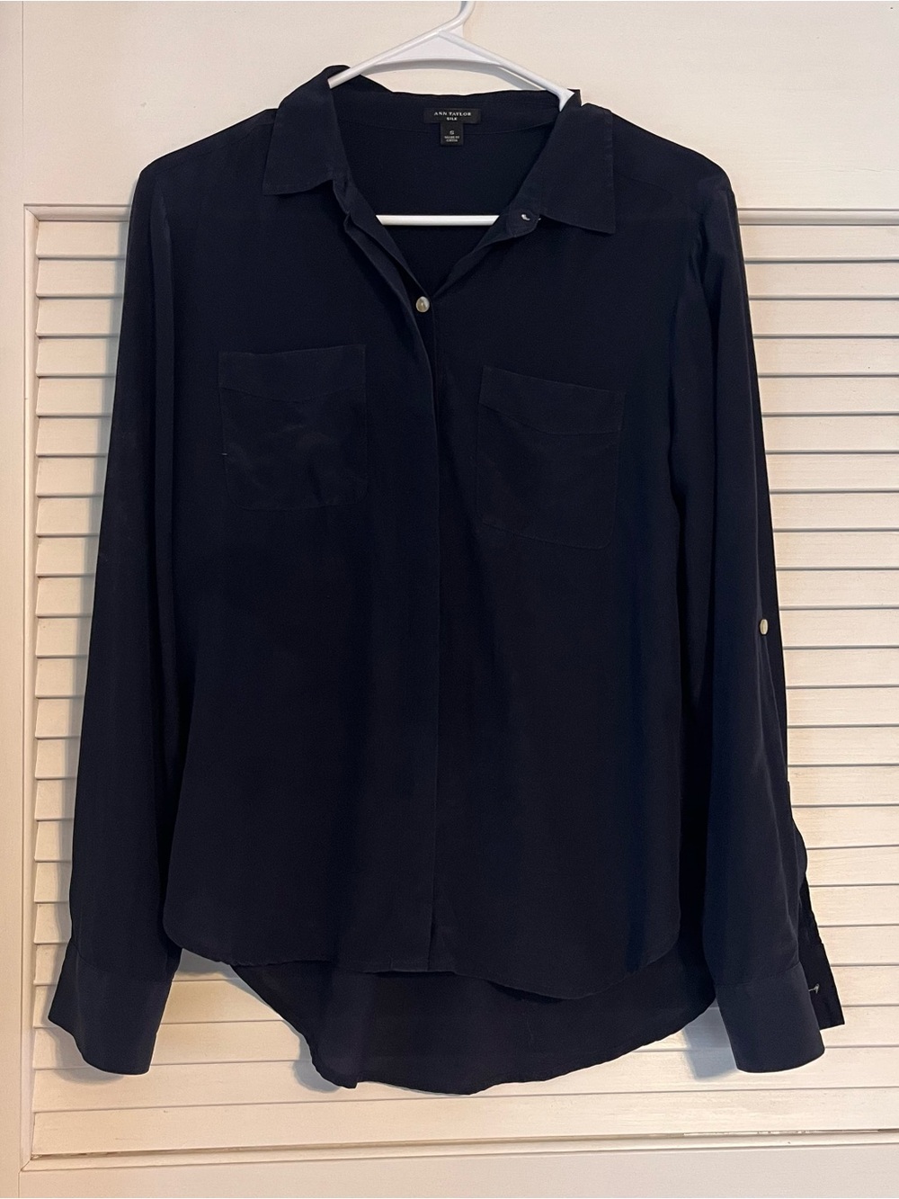 Ann Taylor Navy Silk Button Up - Small